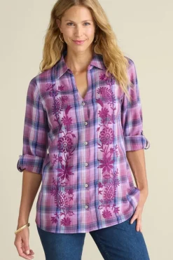 Soft Surroundings Tops-Gracie Embroidered Plaid Big Shirt