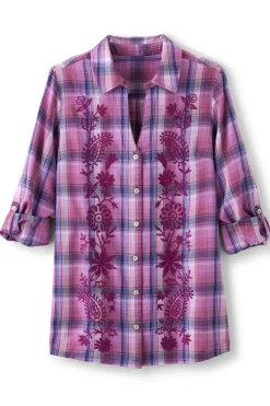 Soft Surroundings Tops-Gracie Embroidered Plaid Big Shirt